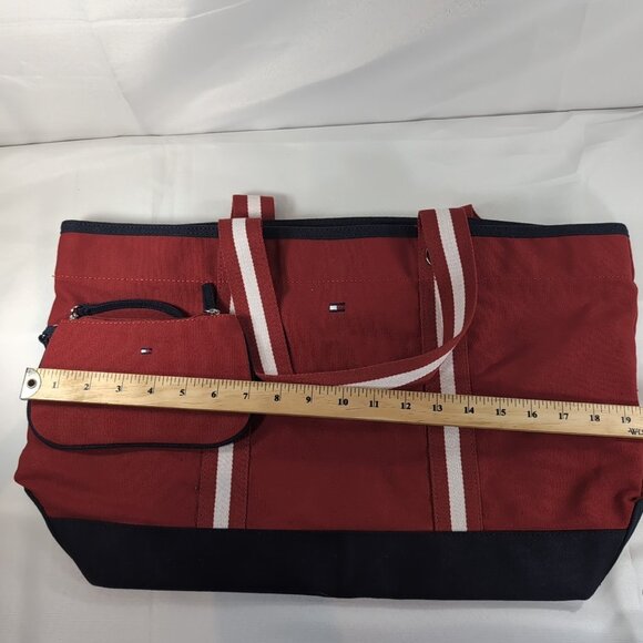 Tommy Hilfiger Tote Bag Matching Pouch Set Red Navy Blue Stripe Straps Large - Picture 12 of 13